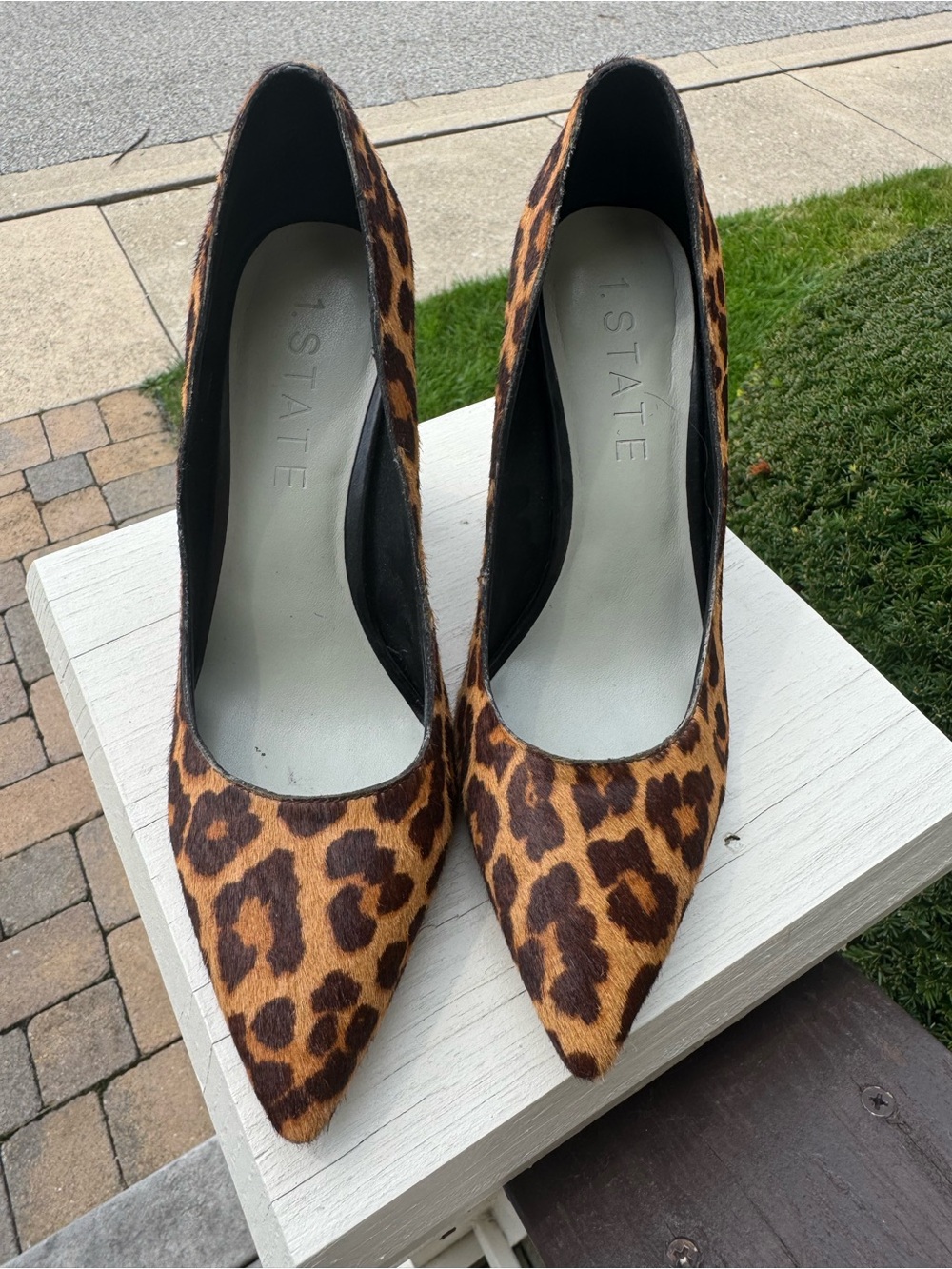 1 State Leopard Print Real Cow Hair Pointed-Toe Pumps - Brown